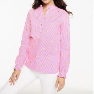 Talbots Heart Stripe Poplin Top, Small, Pink/White/Gold, Classy, Feminine,Preppy